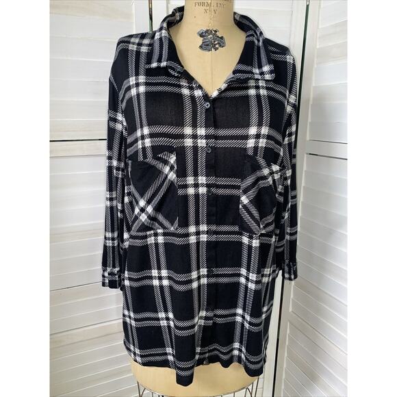 By Design Woman's Button-up Shirt Long Sleeve Flannel Black White 2X - Picture 1 of 8